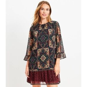 NWT LOFT Shift Boho Women Metallic Flounce Bell Sleeve Mini Dress Size Small